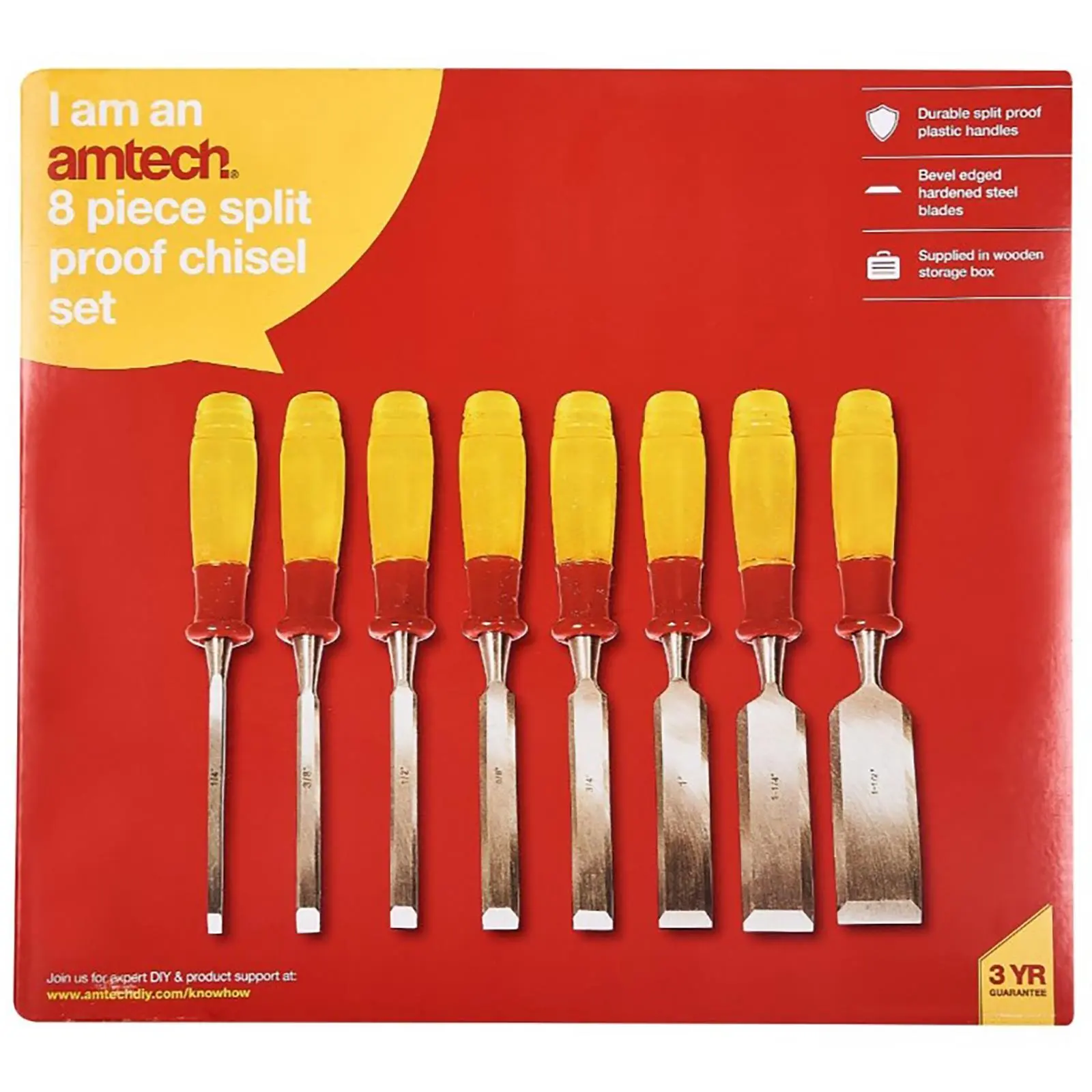 Amtech Wood Chisel Set Split Proof Wooden Box Bevel Edges Hardened Blades - Image 3