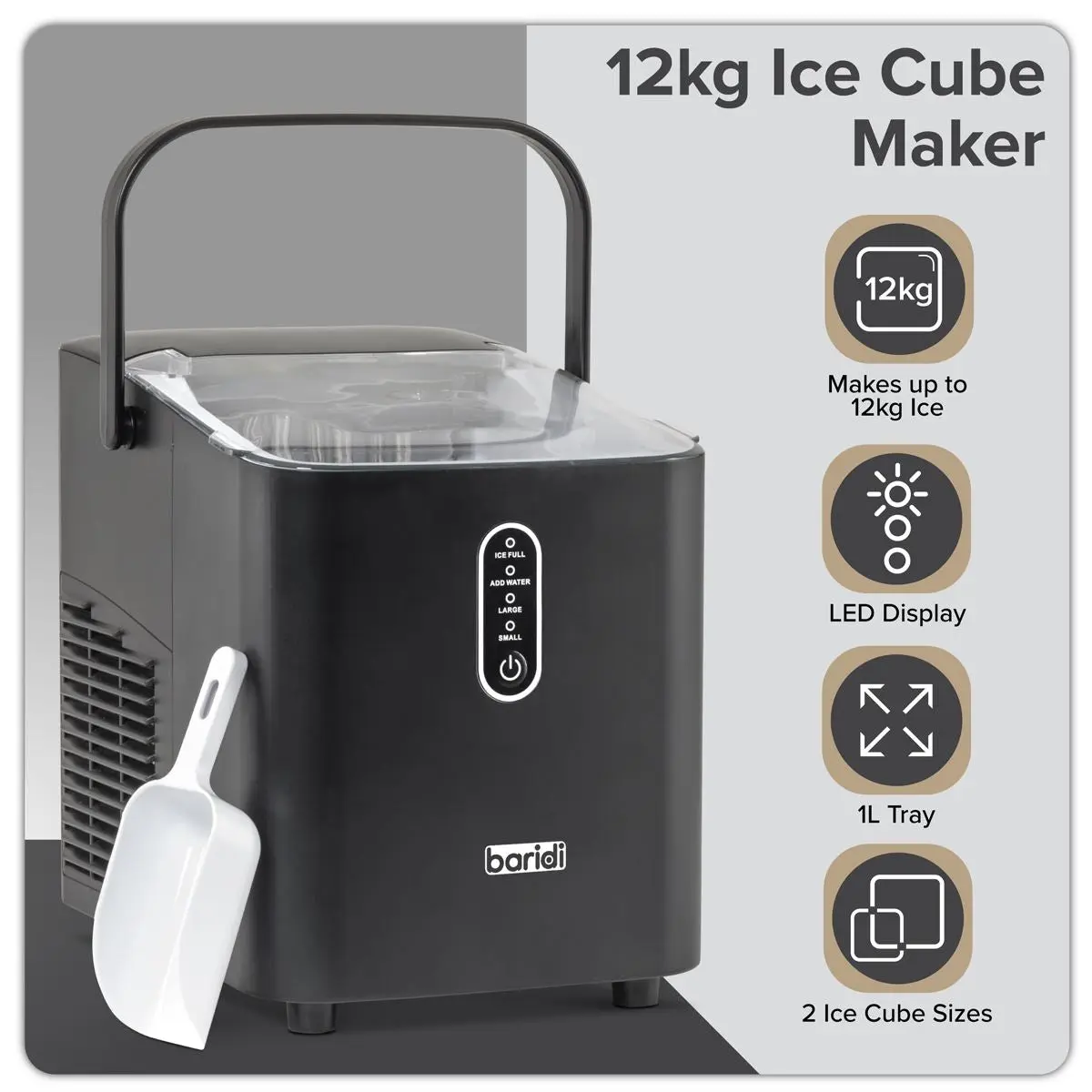 Baridi 12kg in 24hr Ice Cube Maker with LED Display & 10 Minute Freeze - DH52 - Image 11