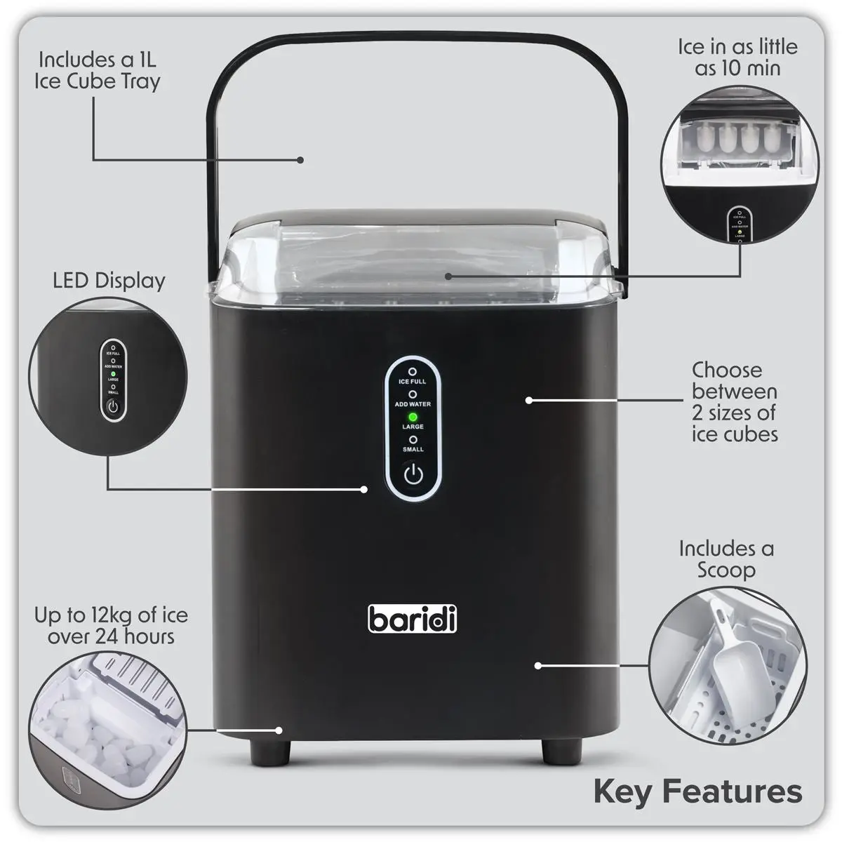 Baridi 12kg in 24hr Ice Cube Maker with LED Display & 10 Minute Freeze - DH52 - Image 6