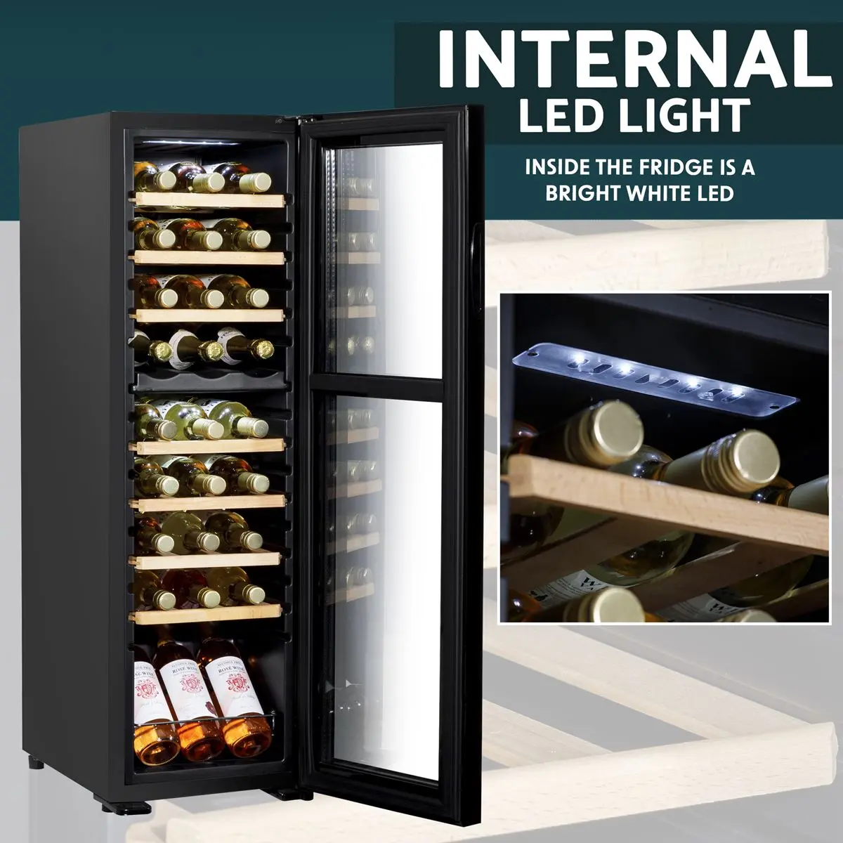 Baridi 18 Bottle Dual Zone Wine Cooler, Fridge with Digital Touchscreen Controls, Wooden Shelves & LED Light, Black - Image 10