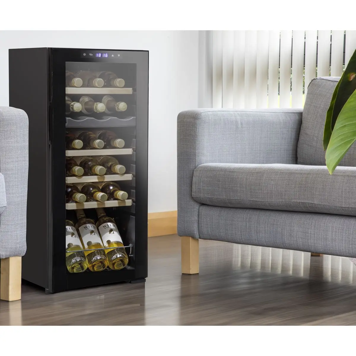 Baridi 18 Bottle Dual Zone Wine Cooler, Fridge with Digital Touchscreen Controls, Wooden Shelves & LED Light, Black - Image 2