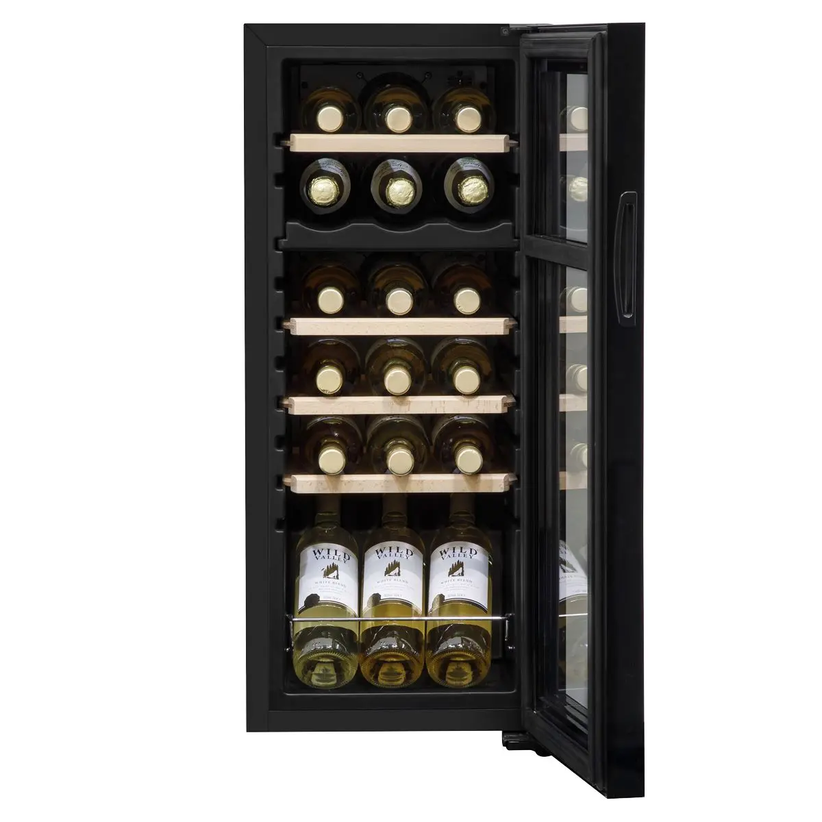 Baridi 18 Bottle Dual Zone Wine Cooler, Fridge with Digital Touchscreen Controls, Wooden Shelves & LED Light, Black - Image 3