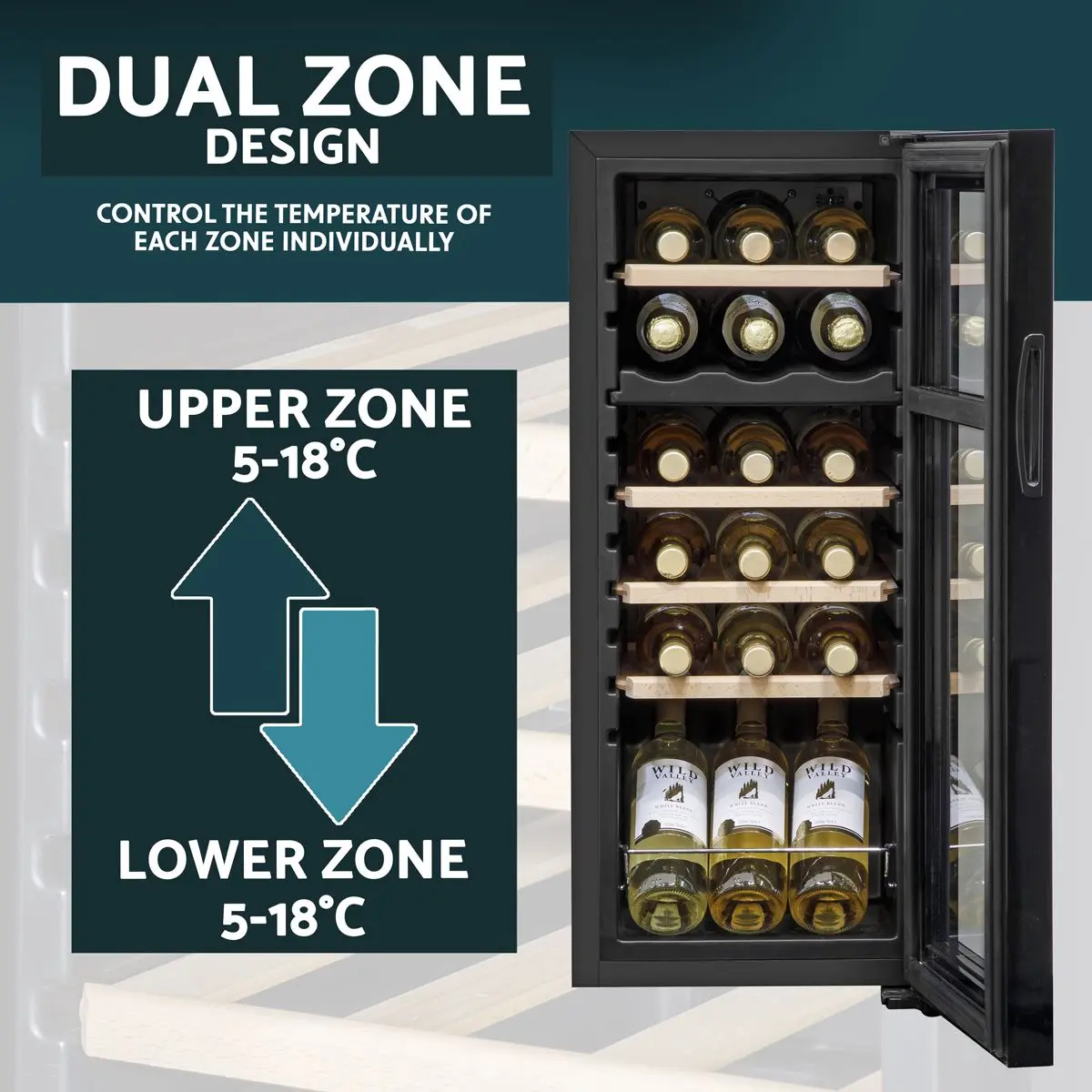 Baridi 18 Bottle Dual Zone Wine Cooler, Fridge with Digital Touchscreen Controls, Wooden Shelves & LED Light, Black - Image 5