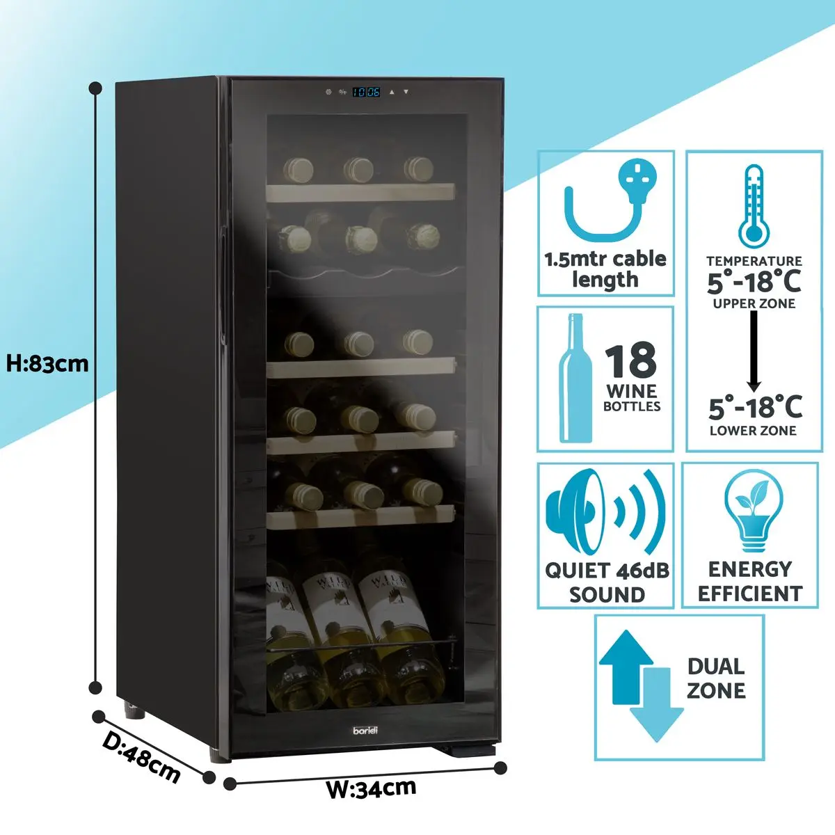 Baridi 18 Bottle Dual Zone Wine Cooler, Fridge with Digital Touchscreen Controls, Wooden Shelves & LED Light, Black - Image 9