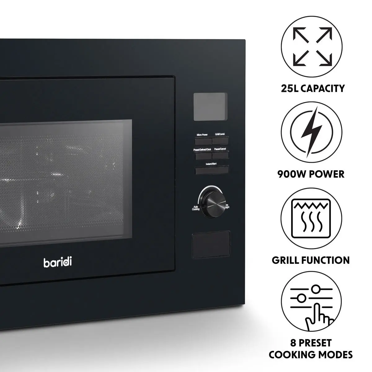 Baridi 25L Integrated Microwave Oven with Grill, 900W, Sensor Touch Controls, Black - Image 7
