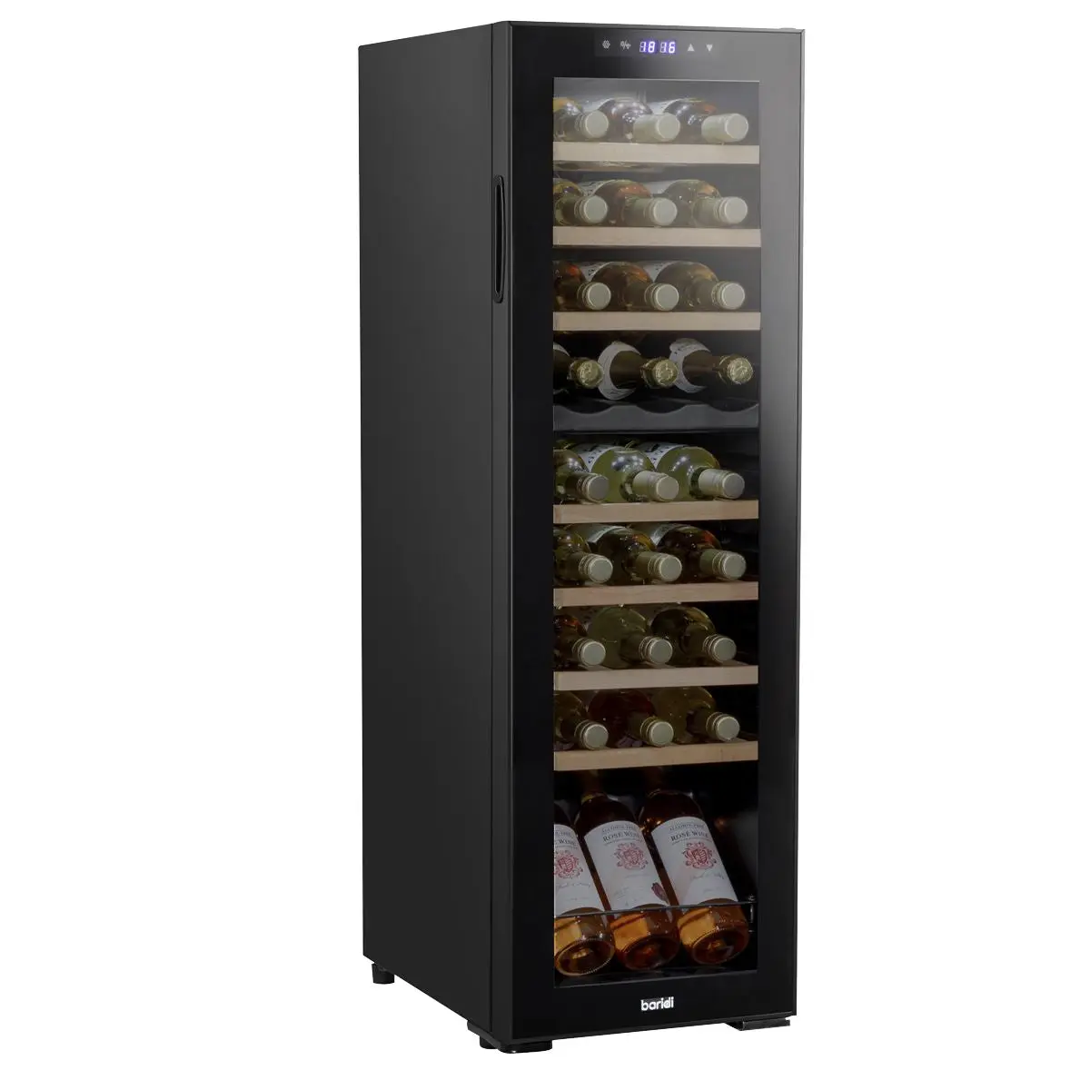Baridi 27 Bottle Dual Zone Wine Cooler, Fridge with Digital Touchscreen Controls, Wooden Shelves & LED Light, Black