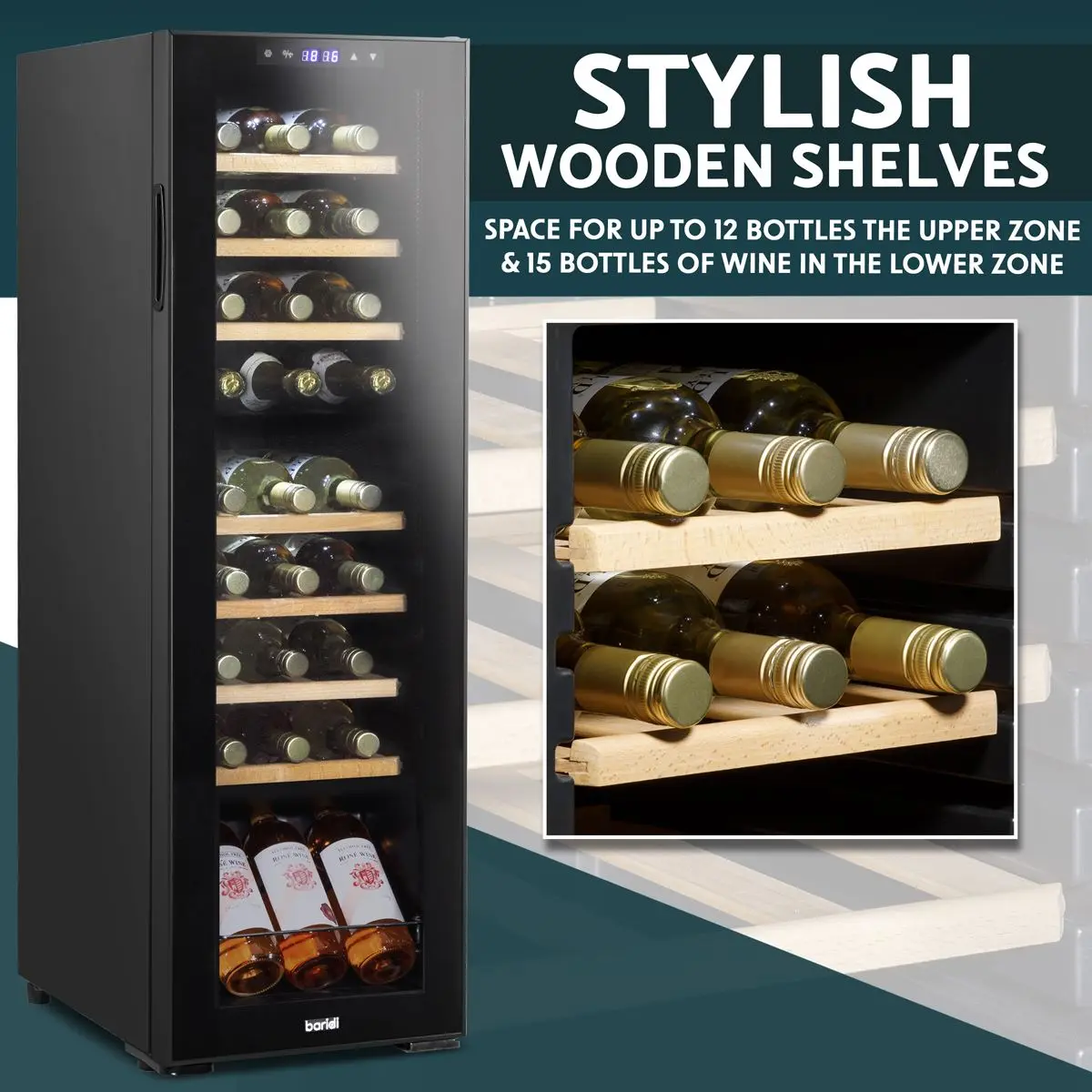 Baridi 27 Bottle Dual Zone Wine Cooler, Fridge with Digital Touchscreen Controls, Wooden Shelves & LED Light, Black - Image 2