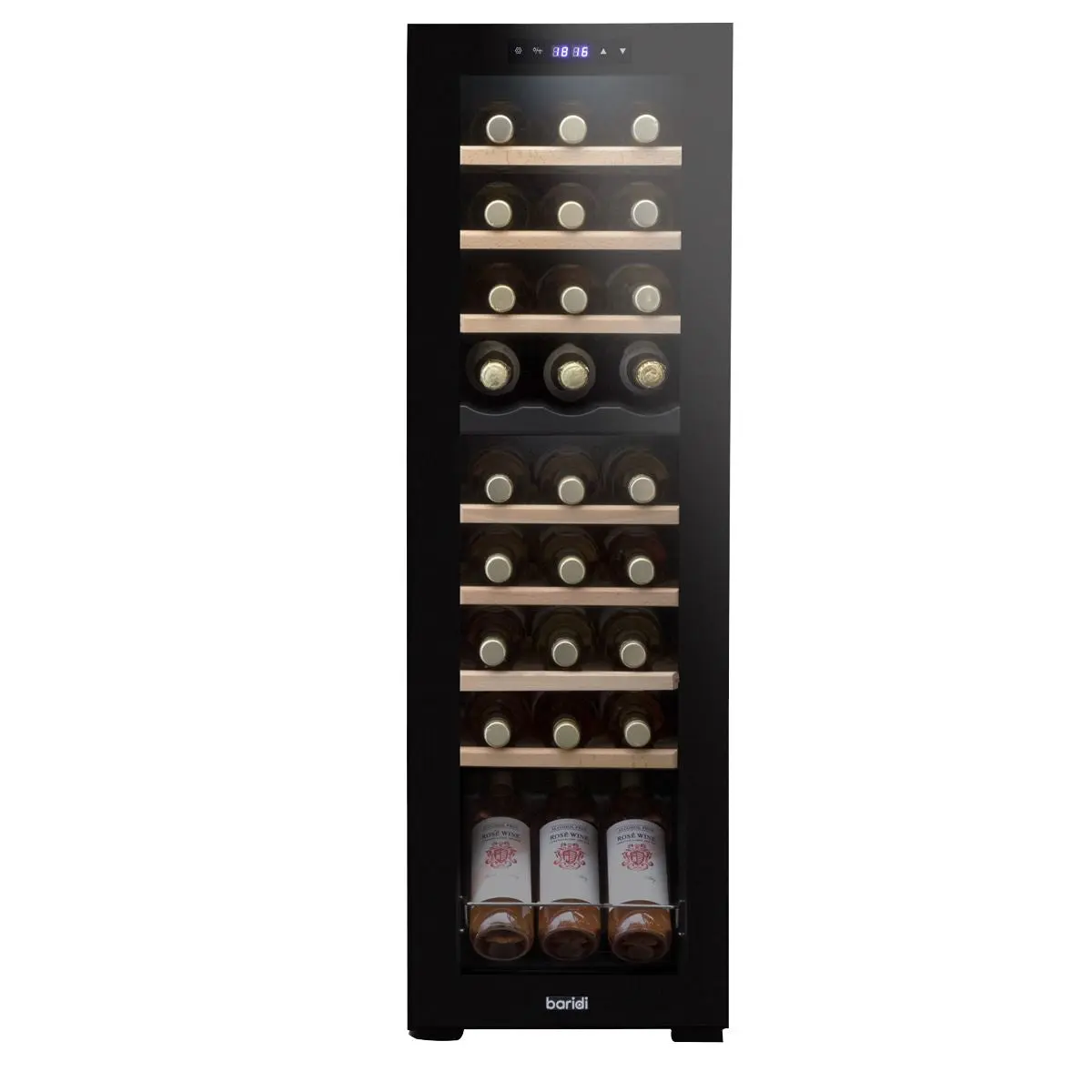 Baridi 27 Bottle Dual Zone Wine Cooler, Fridge with Digital Touchscreen Controls, Wooden Shelves & LED Light, Black - Image 3
