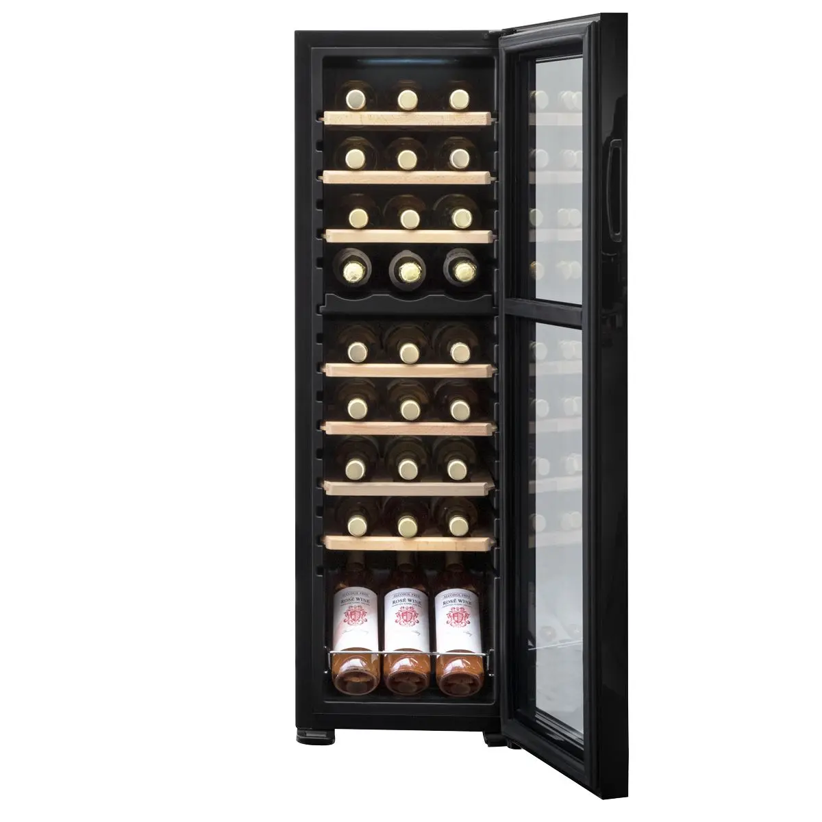 Baridi 27 Bottle Dual Zone Wine Cooler, Fridge with Digital Touchscreen Controls, Wooden Shelves & LED Light, Black - Image 4
