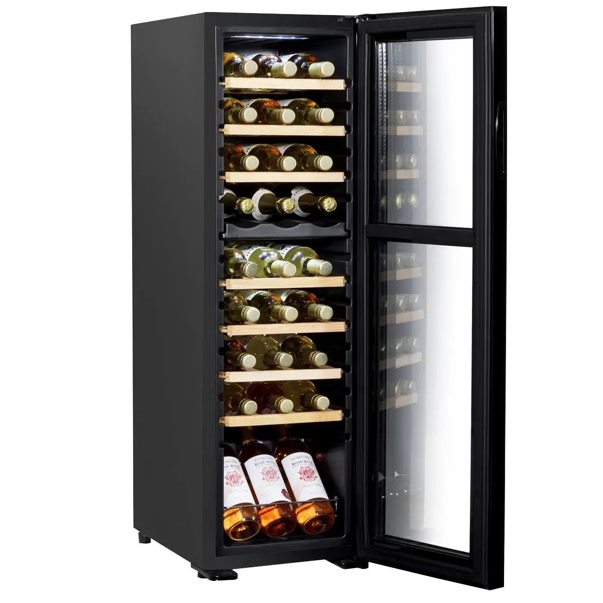 Baridi 27 Bottle Dual Zone Wine Cooler, Fridge with Digital Touchscreen Controls, Wooden Shelves & LED Light, Black - Image 6