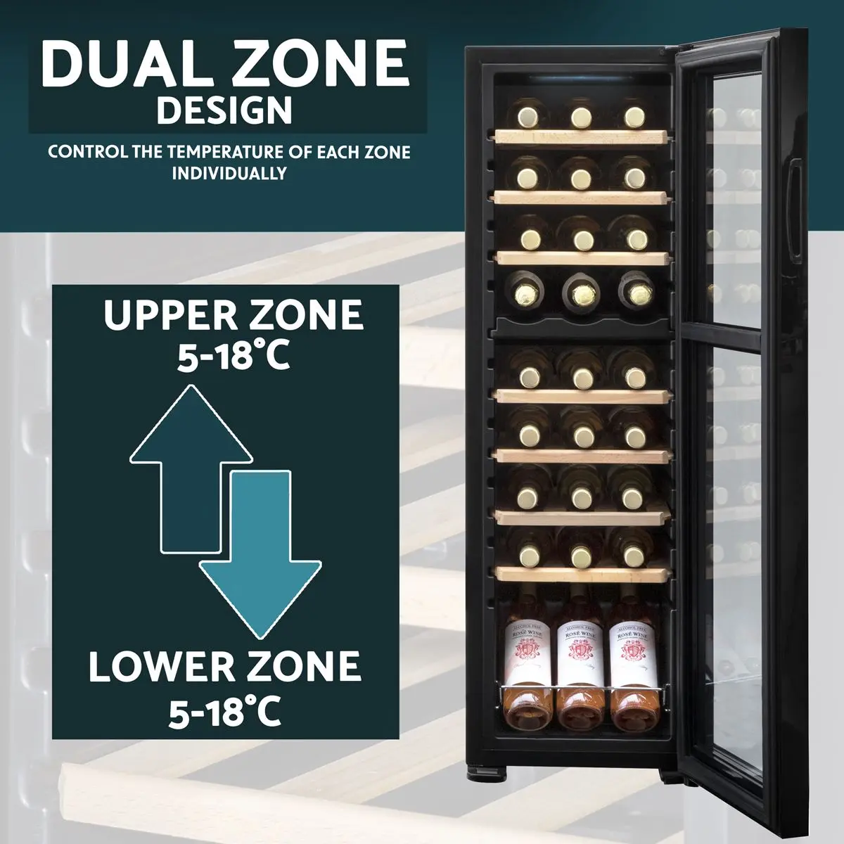 Baridi 27 Bottle Dual Zone Wine Cooler, Fridge with Digital Touchscreen Controls, Wooden Shelves & LED Light, Black - Image 8