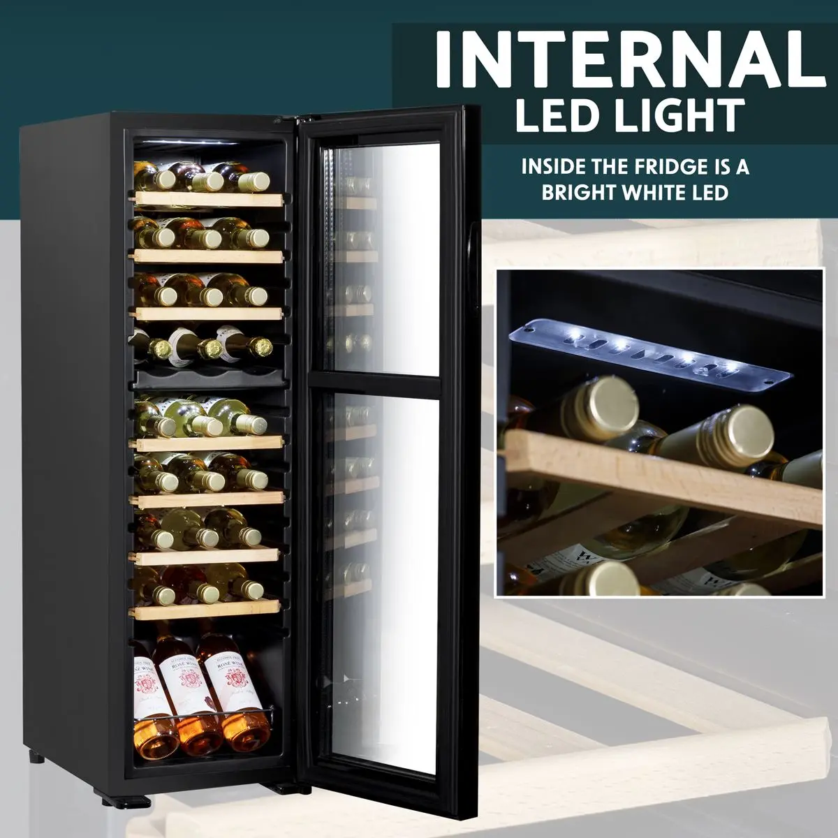 Baridi 27 Bottle Dual Zone Wine Cooler, Fridge with Digital Touchscreen Controls, Wooden Shelves & LED Light, Black - Image 9