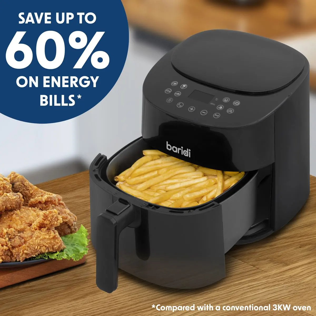 Baridi 3.5L Low Fat Air Fryer with Digital Rapid Air Oil Free Circulation System, 1300W, 8 Presets - Image 3