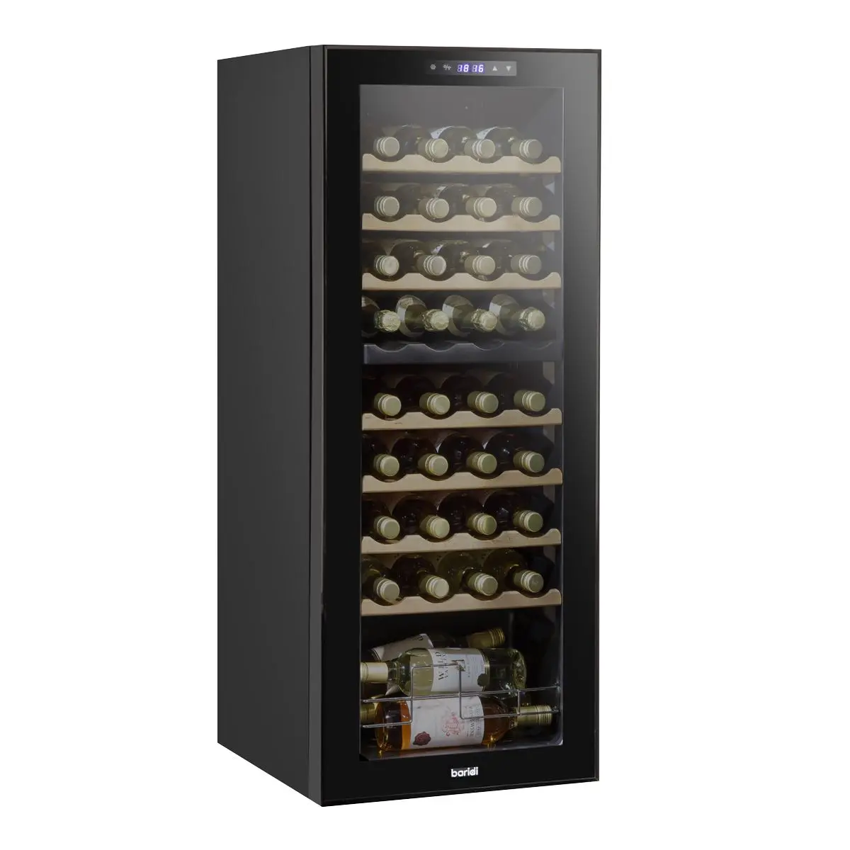 Baridi 36 Bottle Dual Zone Wine Cooler, Fridge with Digital Touchscreen Controls, Wooden Shelves & LED Light, Black