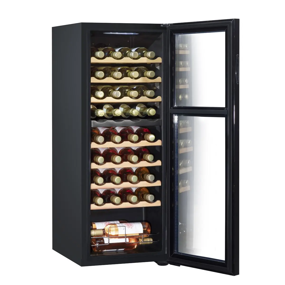 Baridi 36 Bottle Dual Zone Wine Cooler, Fridge with Digital Touchscreen Controls, Wooden Shelves & LED Light, Black - Image 2