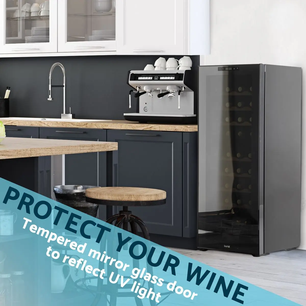 Baridi 36 Bottle Dual Zone Wine Cooler, Fridge with Digital Touchscreen Controls, Wooden Shelves & LED Light, Black - Image 3