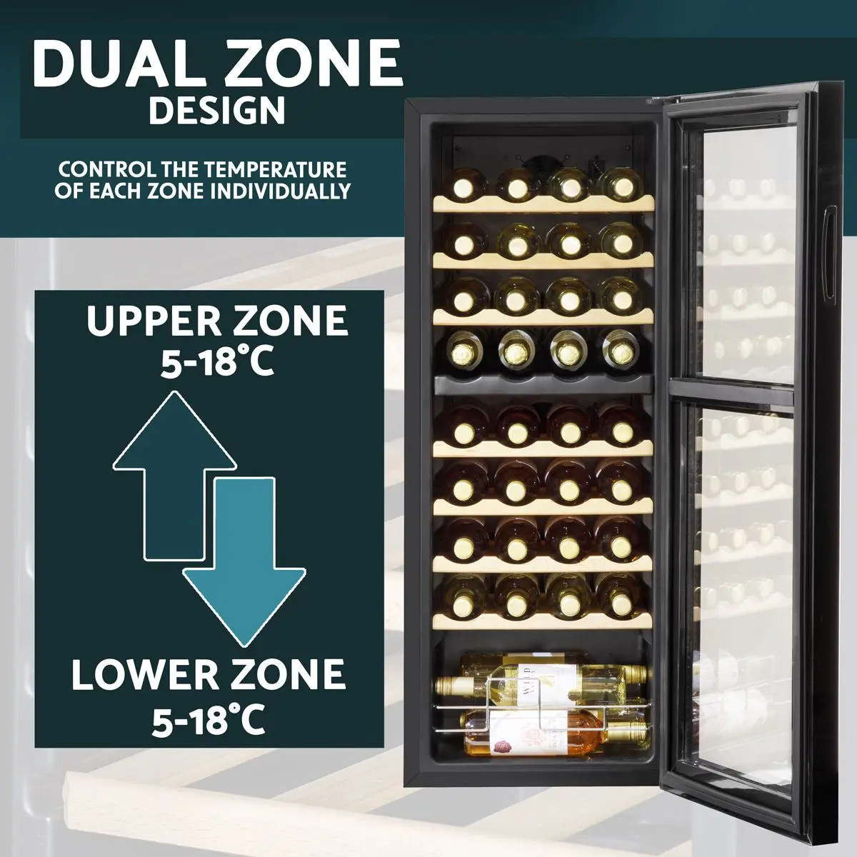 Baridi 36 Bottle Dual Zone Wine Cooler, Fridge with Digital Touchscreen Controls, Wooden Shelves & LED Light, Black - Image 4