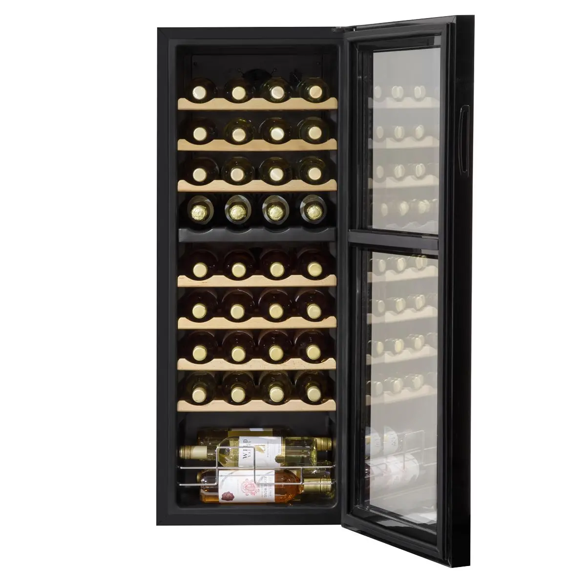 Baridi 36 Bottle Dual Zone Wine Cooler, Fridge with Digital Touchscreen Controls, Wooden Shelves & LED Light, Black - Image 5