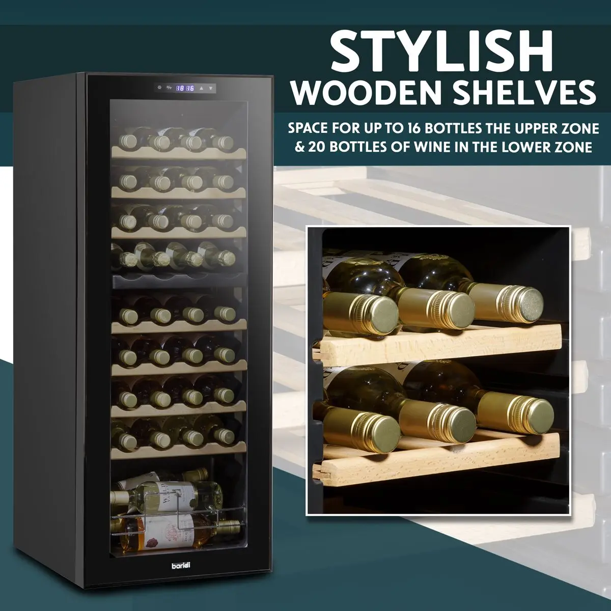 Baridi 36 Bottle Dual Zone Wine Cooler, Fridge with Digital Touchscreen Controls, Wooden Shelves & LED Light, Black - Image 9
