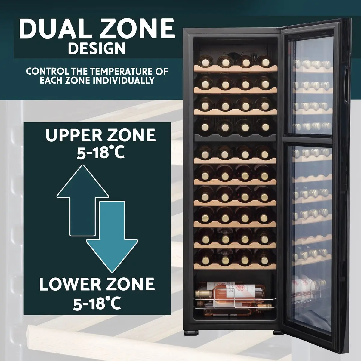 Baridi 44 Bottle Dual Zone Wine Cooler, Fridge with Digital Touchscreen Controls, Wooden Shelves & LED Light, Black - Image 12