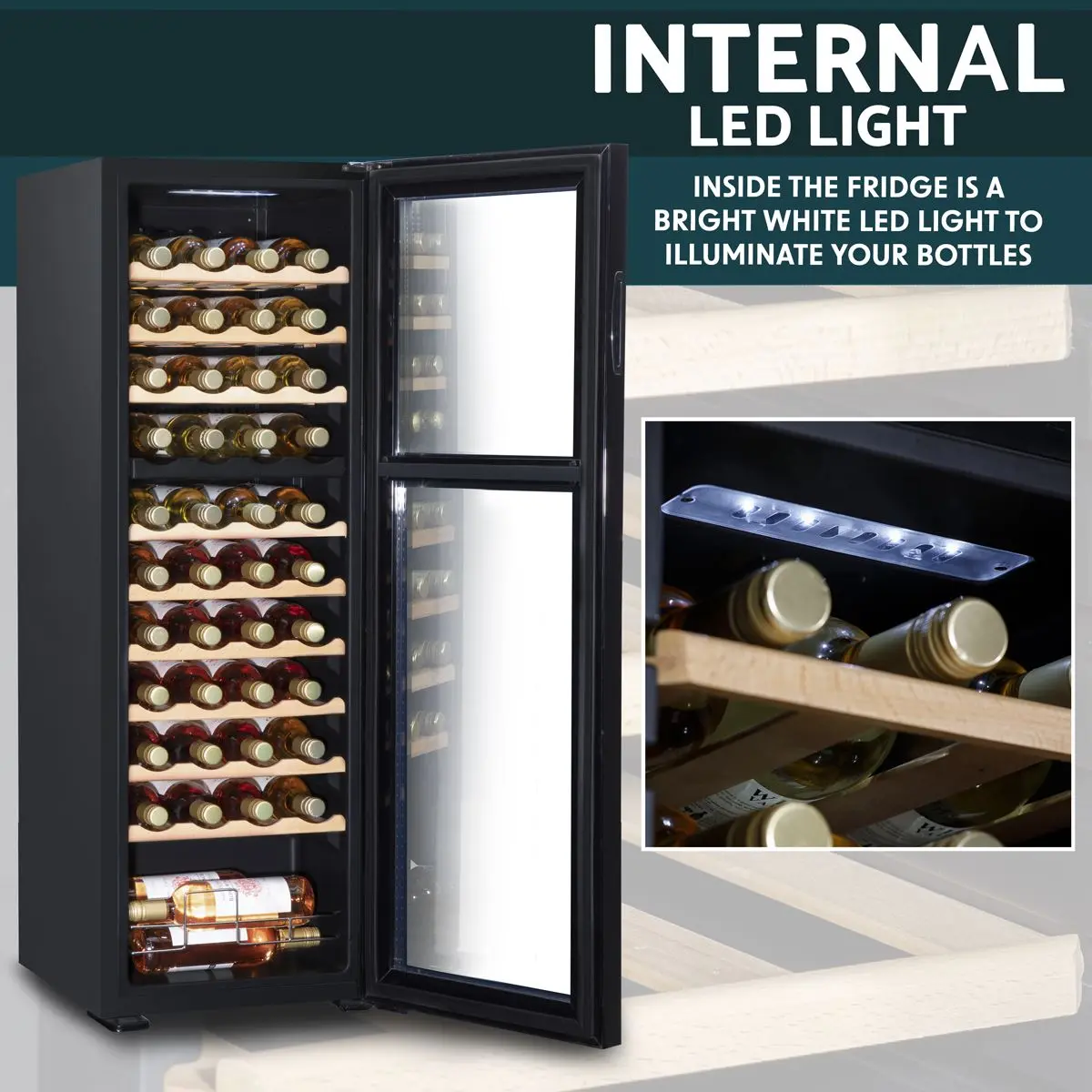Baridi 44 Bottle Dual Zone Wine Cooler, Fridge with Digital Touchscreen Controls, Wooden Shelves & LED Light, Black - Image 13