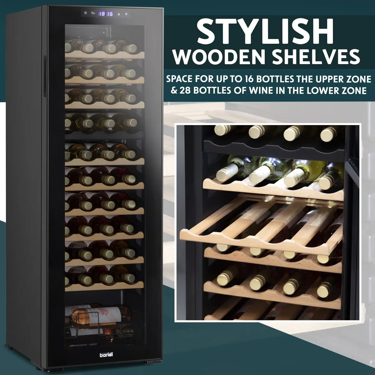 Baridi 44 Bottle Dual Zone Wine Cooler, Fridge with Digital Touchscreen Controls, Wooden Shelves & LED Light, Black - Image 15