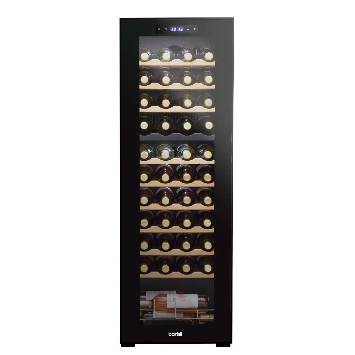 Baridi 44 Bottle Dual Zone Wine Cooler, Fridge with Digital Touchscreen Controls, Wooden Shelves & LED Light, Black - Image 3