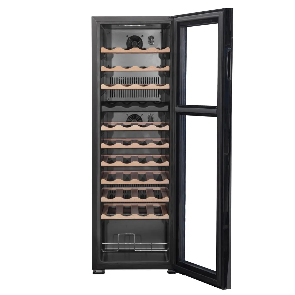 Baridi 44 Bottle Dual Zone Wine Cooler, Fridge with Digital Touchscreen Controls, Wooden Shelves & LED Light, Black - Image 6