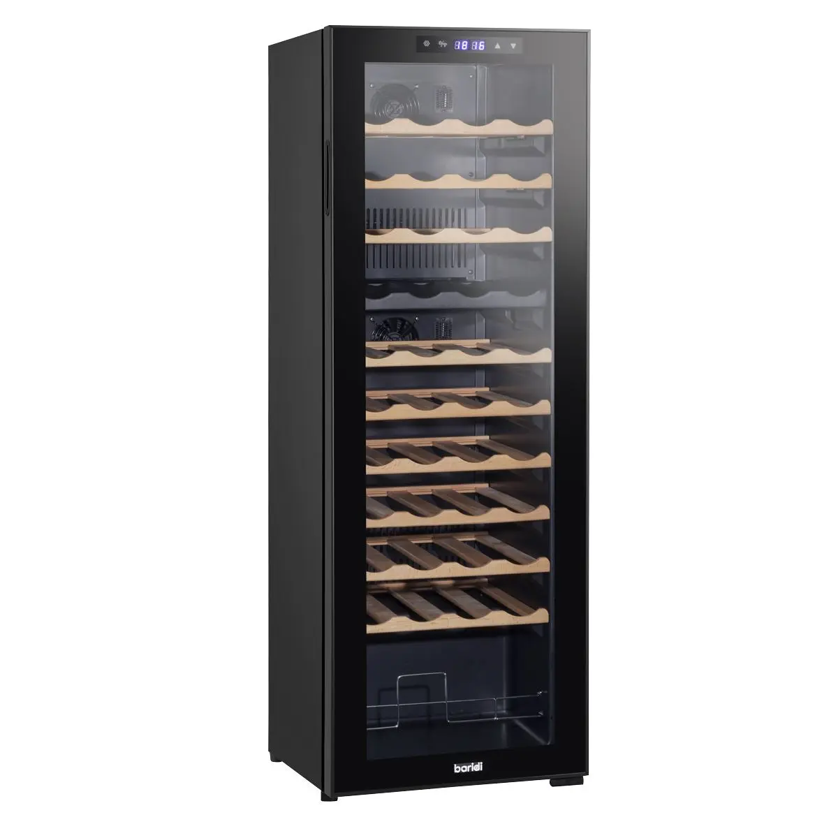 Baridi 44 Bottle Dual Zone Wine Cooler, Fridge with Digital Touchscreen Controls, Wooden Shelves & LED Light, Black - Image 7