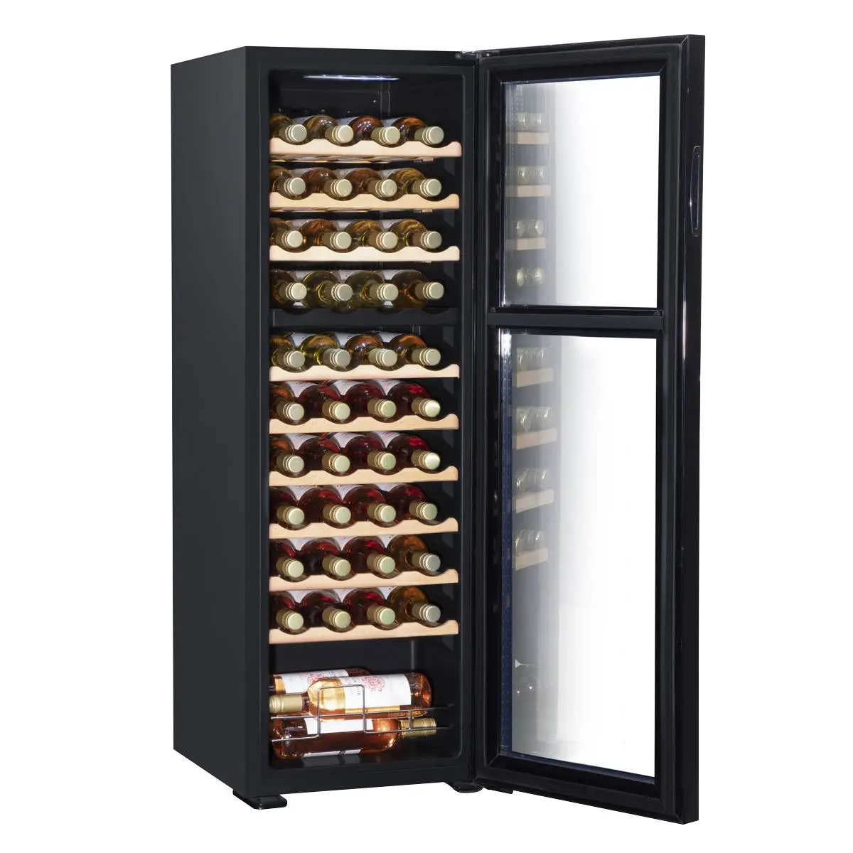 Baridi 44 Bottle Dual Zone Wine Cooler, Fridge with Digital Touchscreen Controls, Wooden Shelves & LED Light, Black - Image 9
