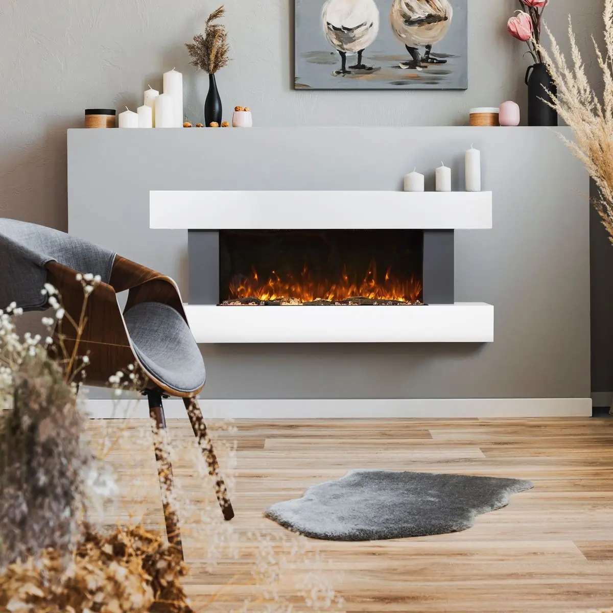 Baridi Wall Mounting Electric Fireplace with LED Flame Effect 52" - Grey - Image 6
