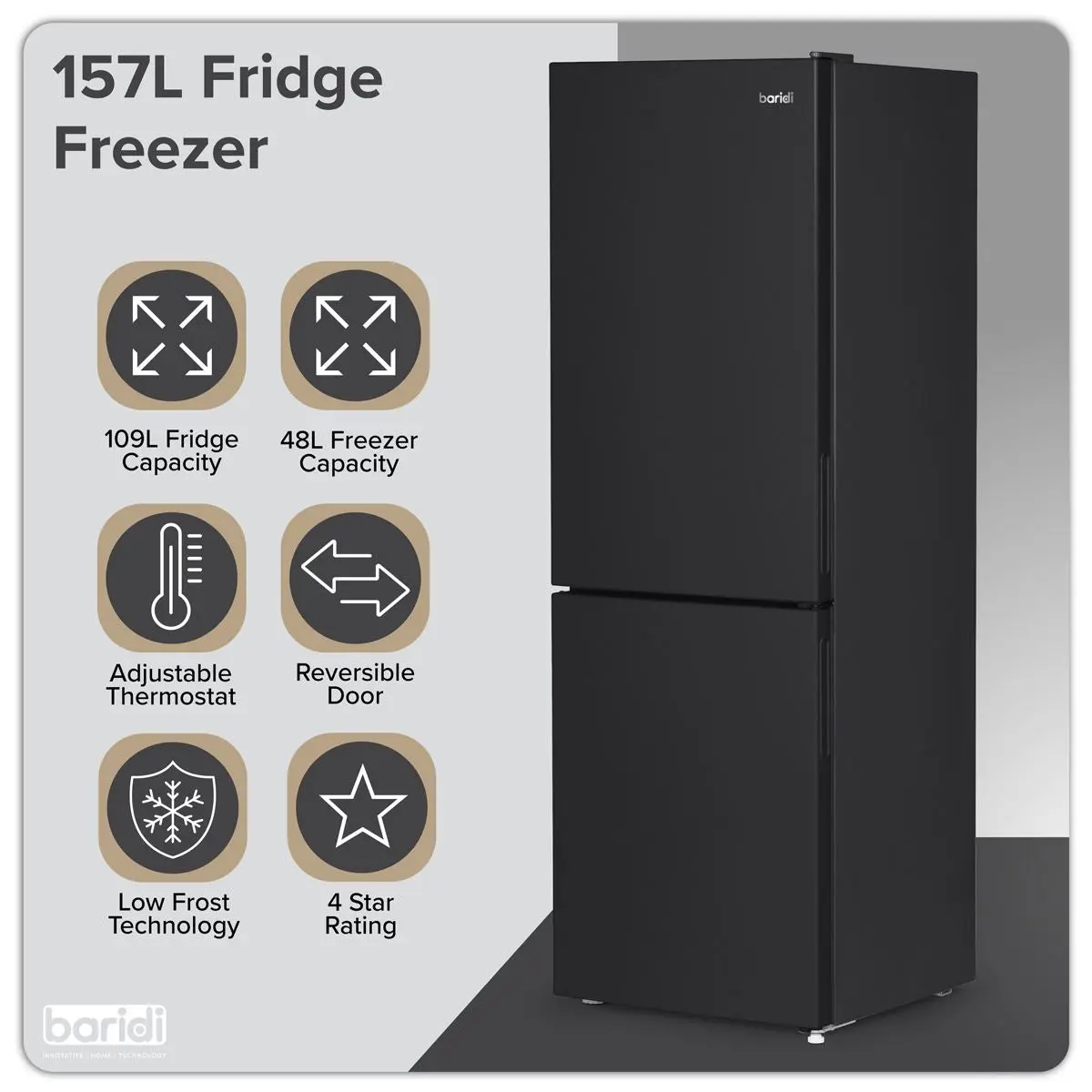 Baridi 47cm 70/30 Fridge Freezer, 157L Capacity Low Frost - Image 3