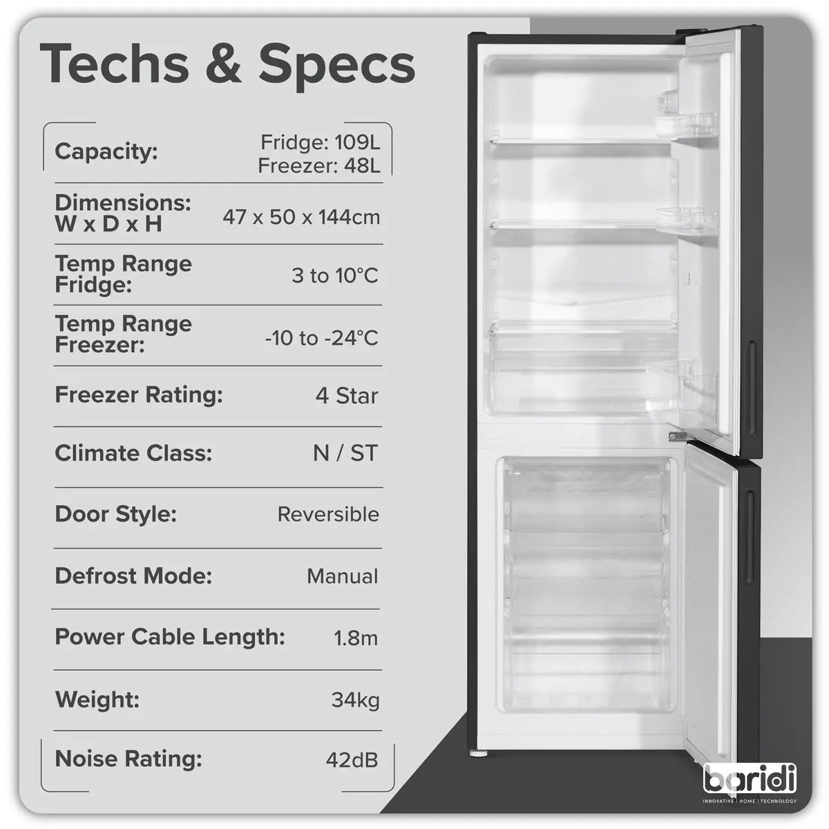 Baridi 47cm 70/30 Fridge Freezer, 157L Capacity Low Frost - Image 4