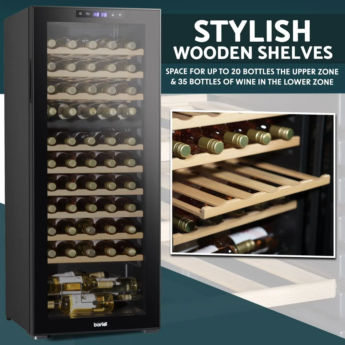 Baridi 55 Bottle Dual Zone Wine Cooler, Fridge with Digital Touchscreen Controls, Wooden Shelves & LED Light, Black - Image 11