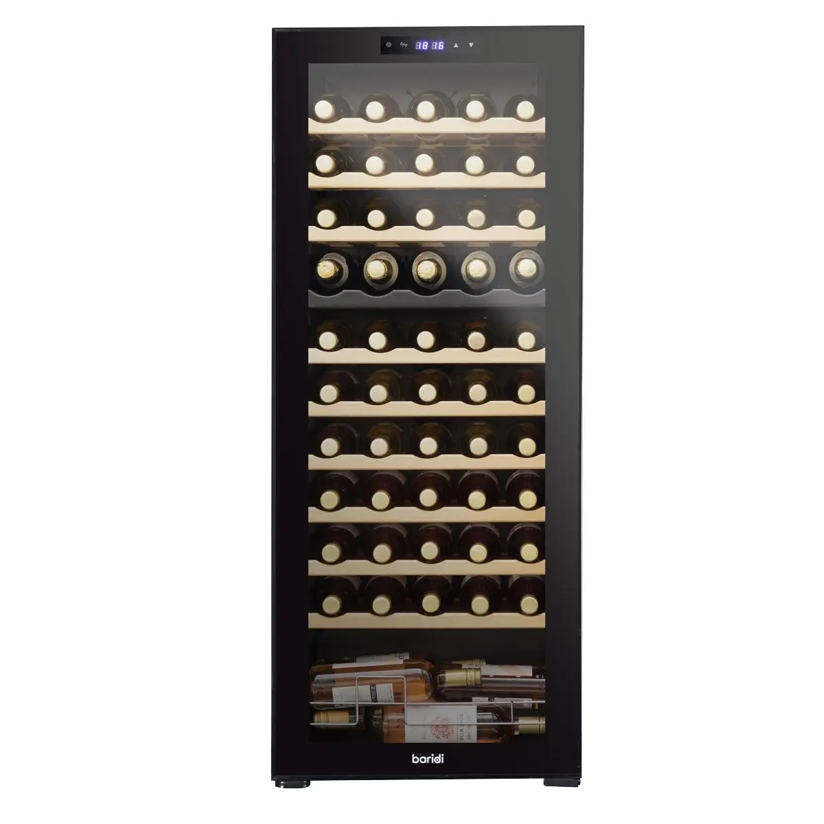 Baridi 55 Bottle Dual Zone Wine Cooler, Fridge with Digital Touchscreen Controls, Wooden Shelves & LED Light, Black - Image 12
