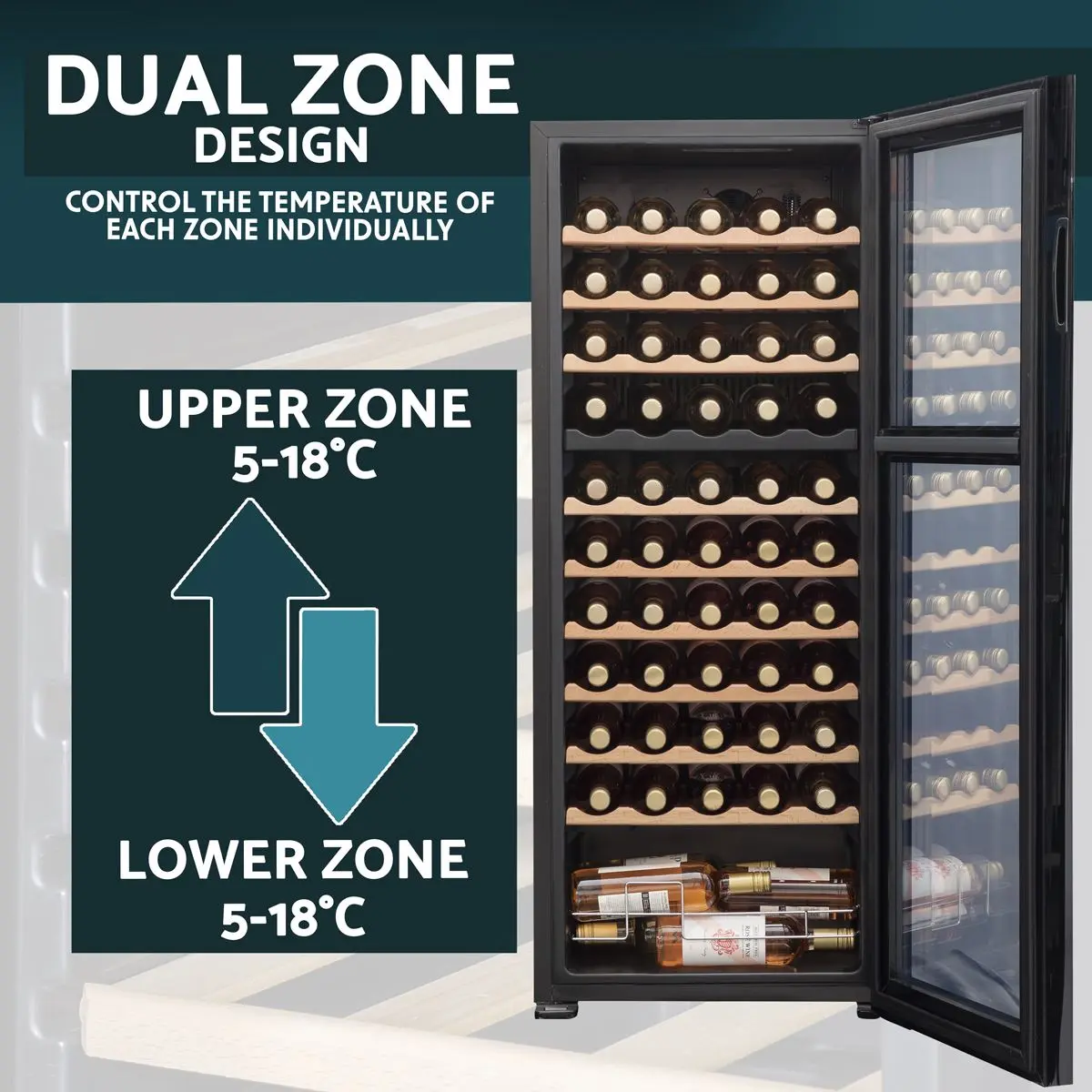 Baridi 55 Bottle Dual Zone Wine Cooler, Fridge with Digital Touchscreen Controls, Wooden Shelves & LED Light, Black - Image 8