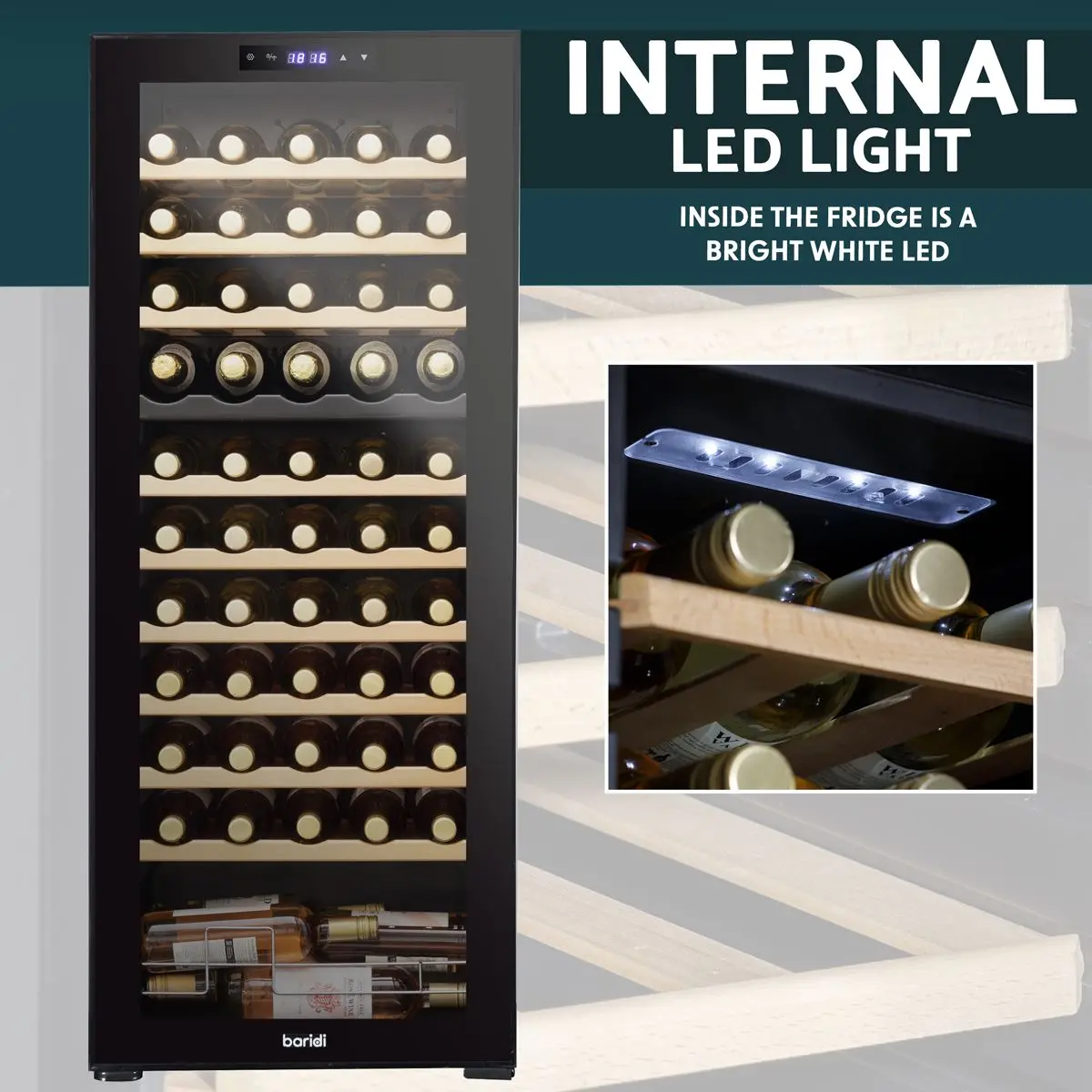 Baridi 55 Bottle Dual Zone Wine Cooler, Fridge with Digital Touchscreen Controls, Wooden Shelves & LED Light, Black - Image 9
