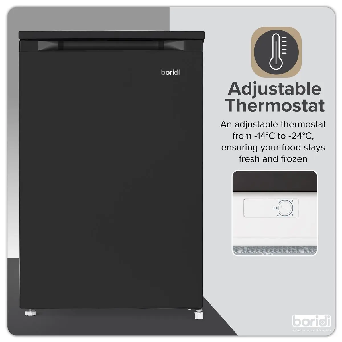Baridi 55cm Undercounter Freezer with Adjustable Thermostat, 85L - Black - Image 6