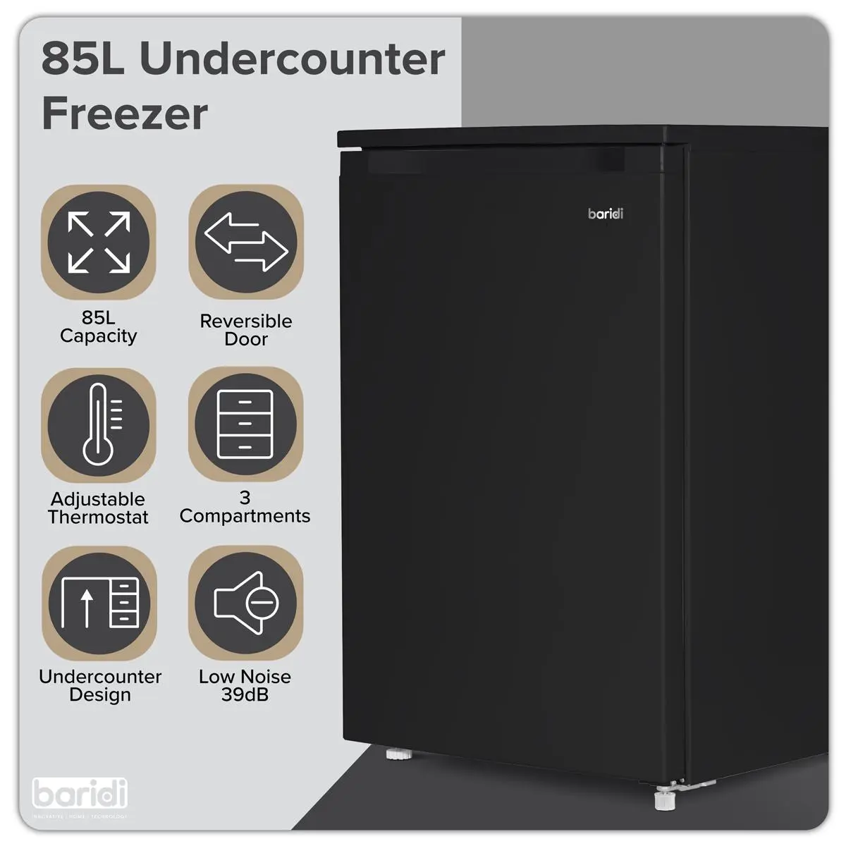 Baridi 55cm Undercounter Freezer with Adjustable Thermostat, 85L - Black - Image 8