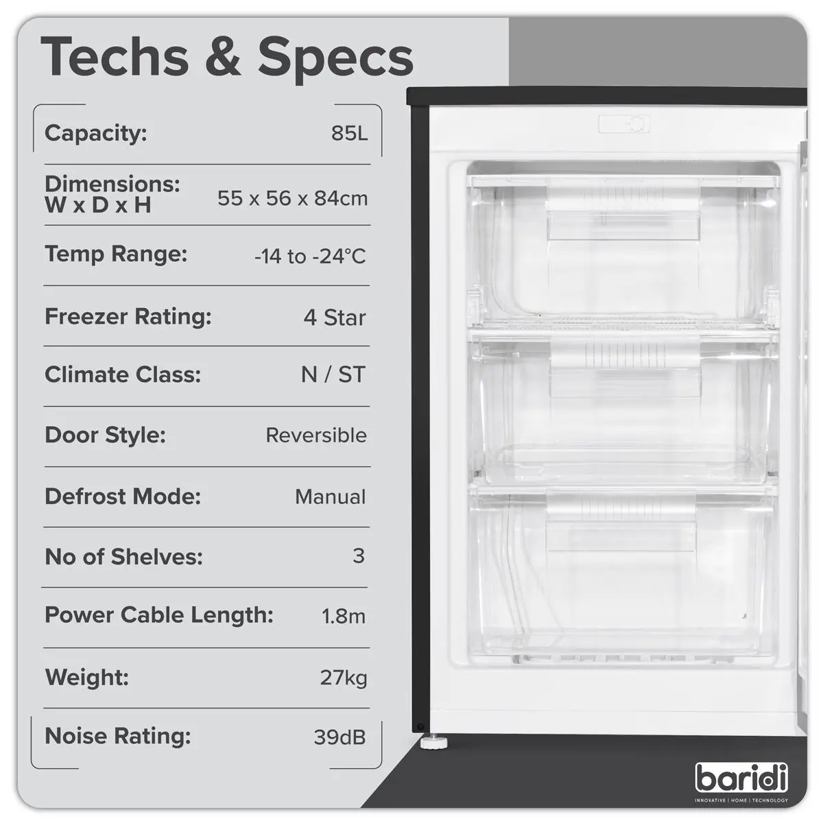 Baridi 55cm Undercounter Freezer with Adjustable Thermostat, 85L - Black - Image 9