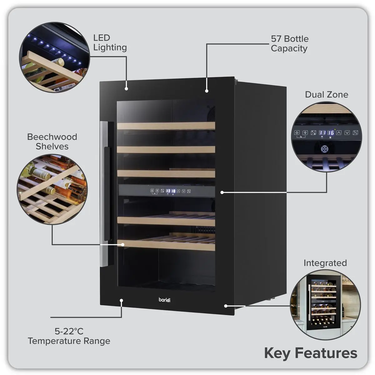 Baridi 57 Bottle Dual Zone Wine Fridge & Cooler 60cm - Image 10