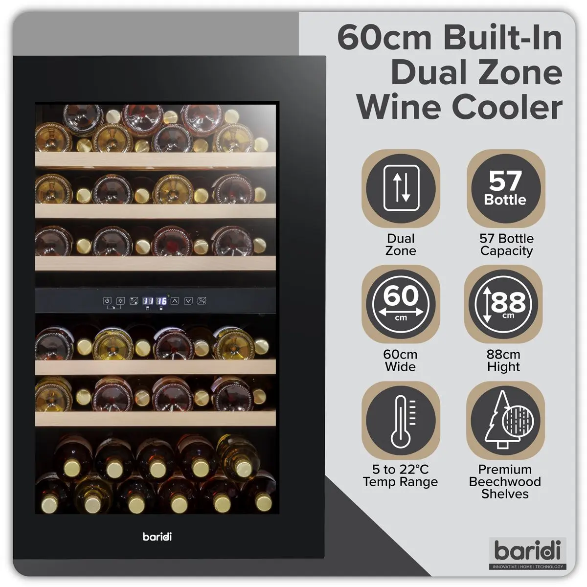 Baridi 57 Bottle Dual Zone Wine Fridge & Cooler 60cm - Image 7