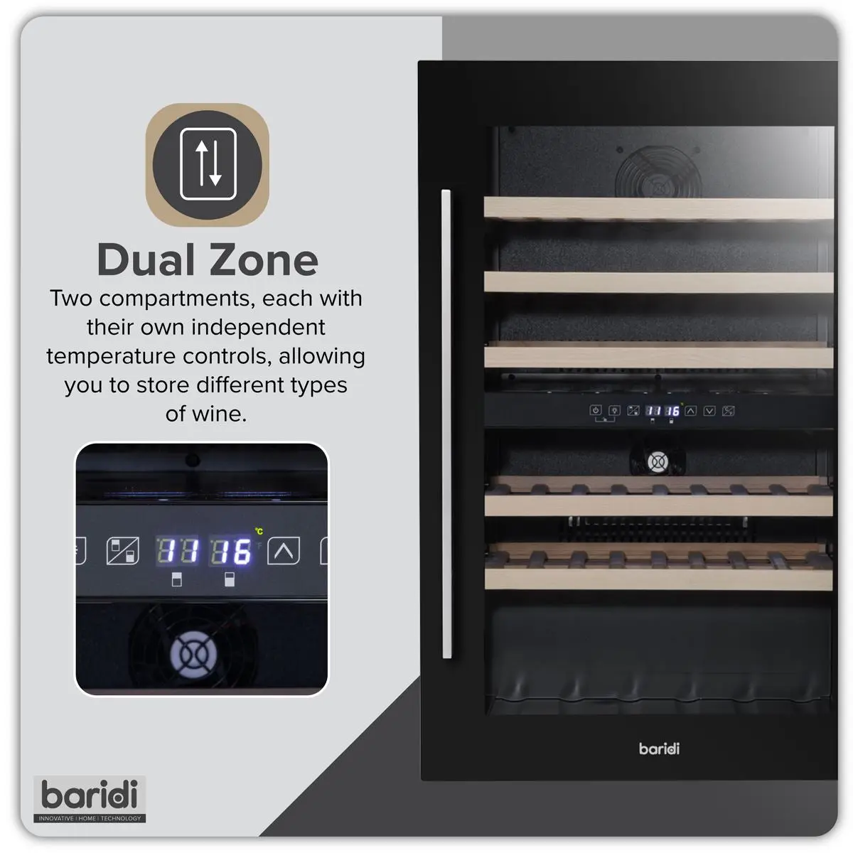 Baridi 57 Bottle Dual Zone Wine Fridge & Cooler 60cm - Image 8