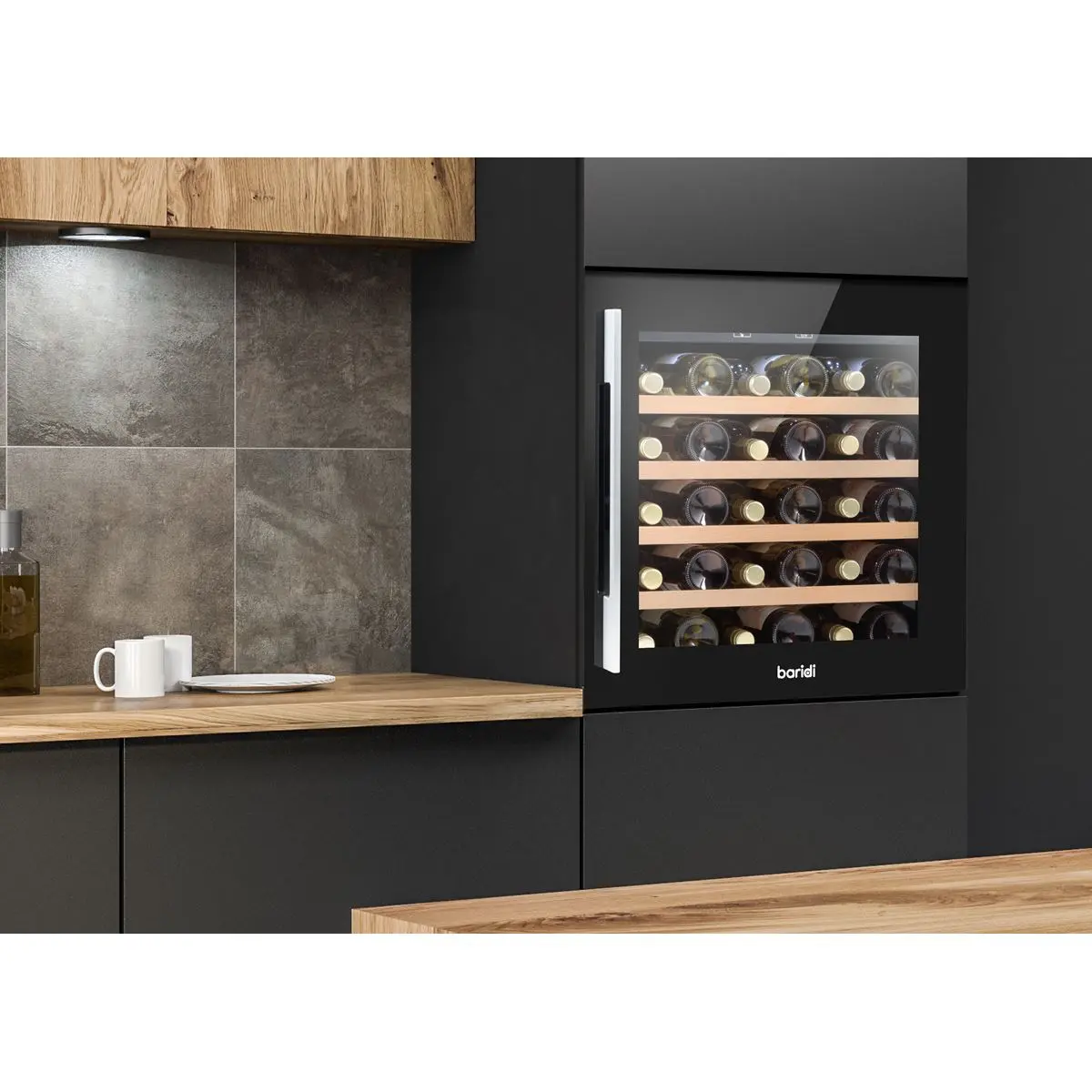 Baridi 60cm Built-In 36 Bottle Wine Cooler with Beech Wood Shelves and Internal LED Light, Black - Image 13