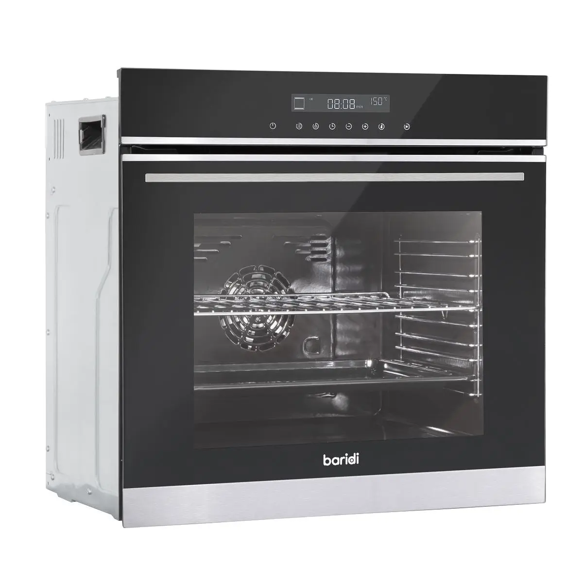 Baridi 60cm Built-In Fan Assisted, Single, Integrated 10 Function Electric Oven, Touchscreen Controls, 72L Capacity, Black/Stainless Steel