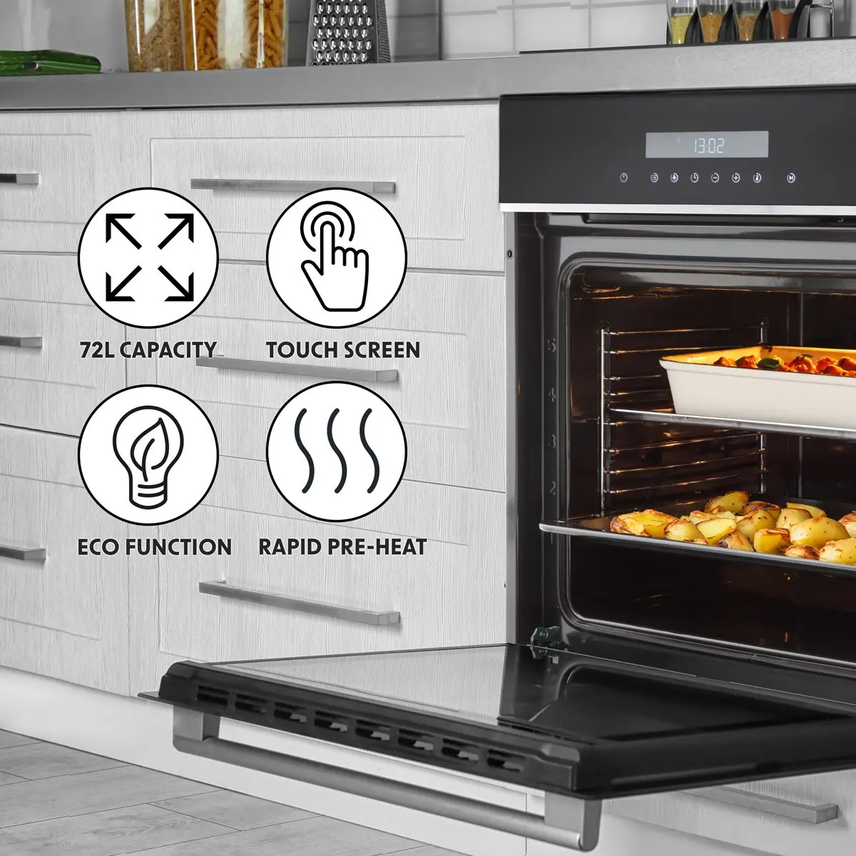 Baridi 60cm Built-In Fan Assisted, Single, Integrated 10 Function Electric Oven, Touchscreen Controls, 72L Capacity, Black/Stainless Steel - Image 14