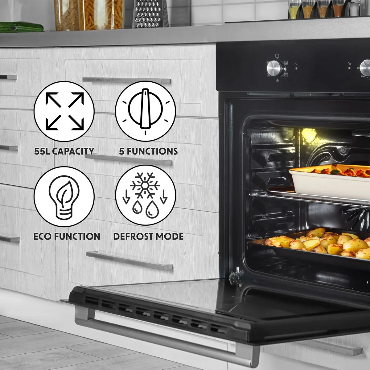 Baridi 60cm Built-In Five Function Fan Assisted Oven, 55L Capacity, Black - Image 9