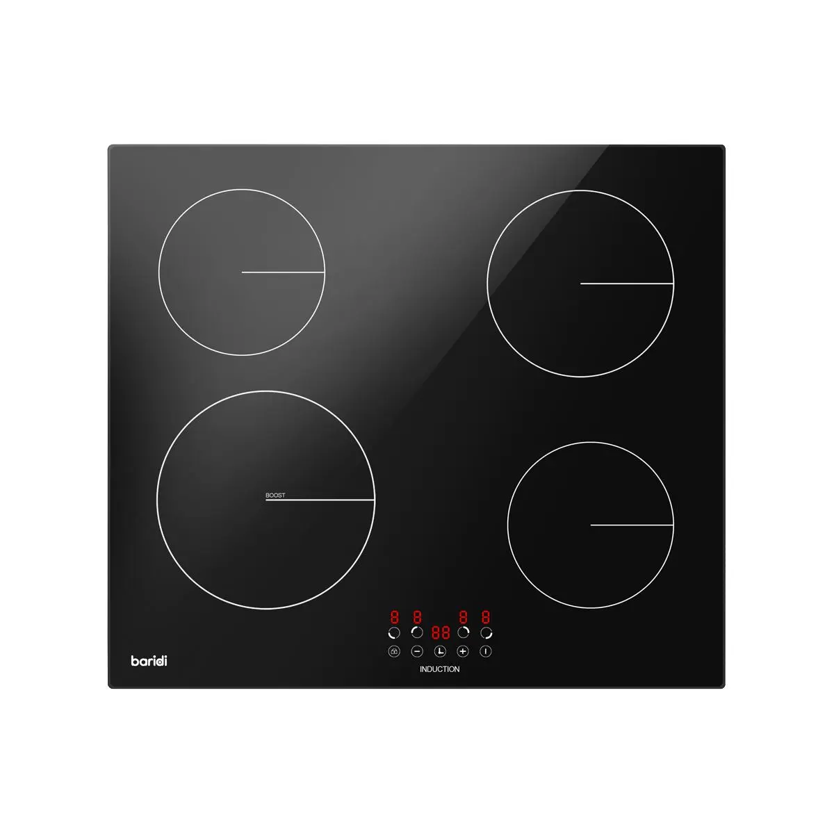Baridi 60cm Built-In Induction Hob with 4 Cooking Zones, Black Glass, 6800W with 9 Power Settings, Touch Controls & Timer, Hardwired