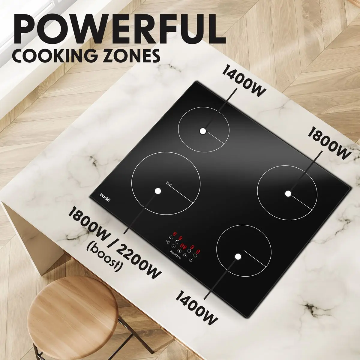 Baridi 60cm Built-In Induction Hob with 4 Cooking Zones, Black Glass, 6800W with 9 Power Settings, Touch Controls & Timer, Hardwired - Image 8