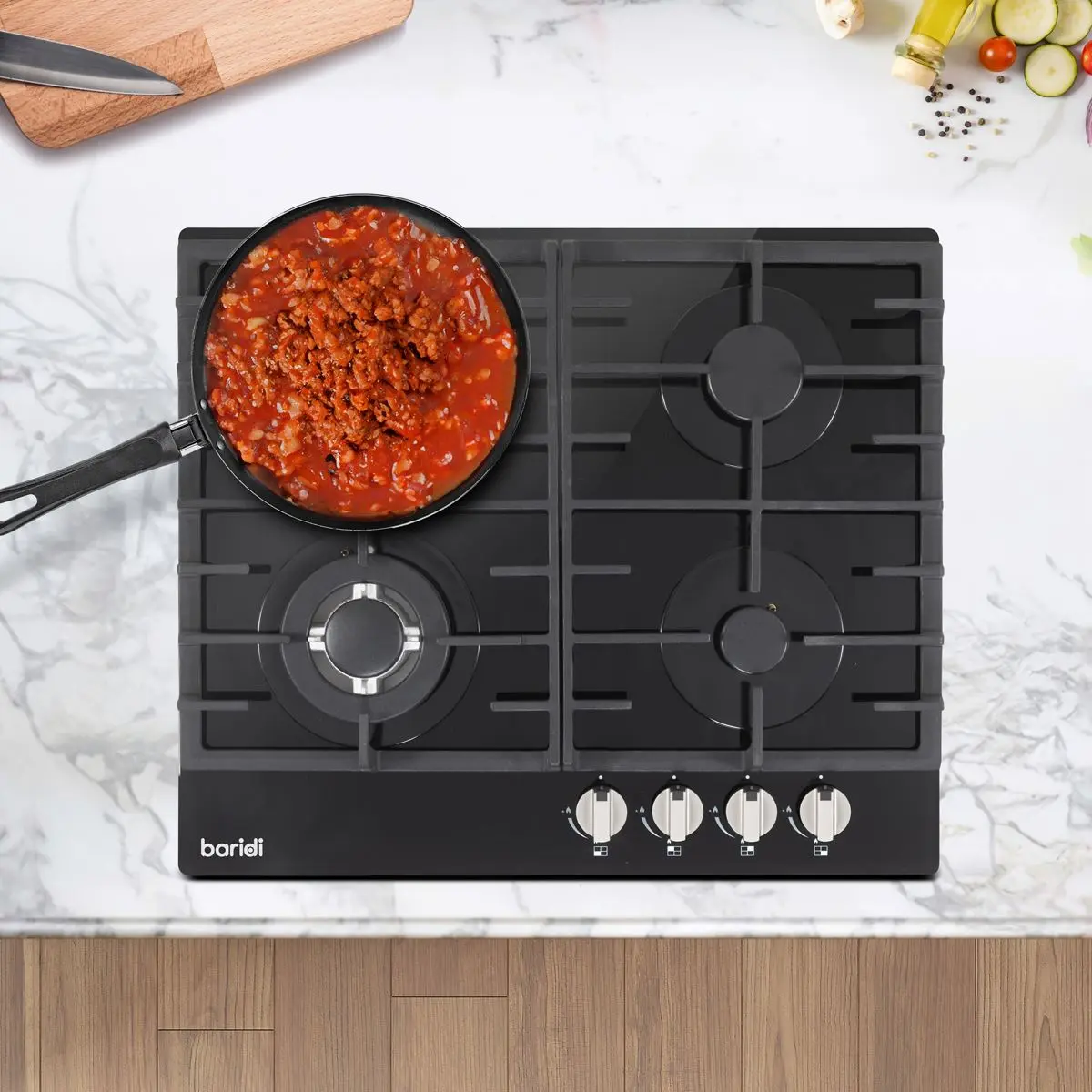Baridi 60cm Gas on Glass Hob, 4 Burner and Cast Iron Pan Supports, Black Glass - Image 10